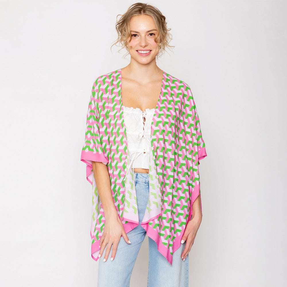 Pink & Green Geometric Pattern Print Ruana Poncho (Copy) M H W ACCESSORIES LLC Pink & Green Geometric Pattern Print Ruana Poncho (Copy)