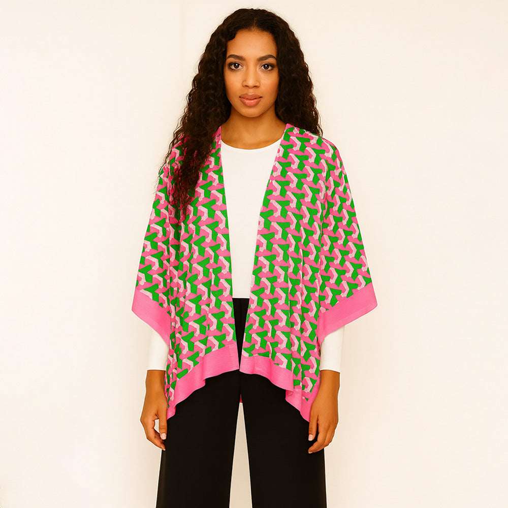 Pink & Green Geometric Pattern Print Ruana Poncho (Copy) M H W ACCESSORIES LLC Pink & Green Geometric Pattern Print Ruana Poncho (Copy)