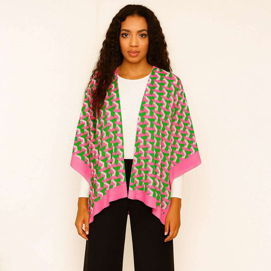 Pink & Green Geometric Pattern Print Ruana Poncho (Copy) M H W ACCESSORIES LLC Pink & Green Geometric Pattern Print Ruana Poncho (Copy)
