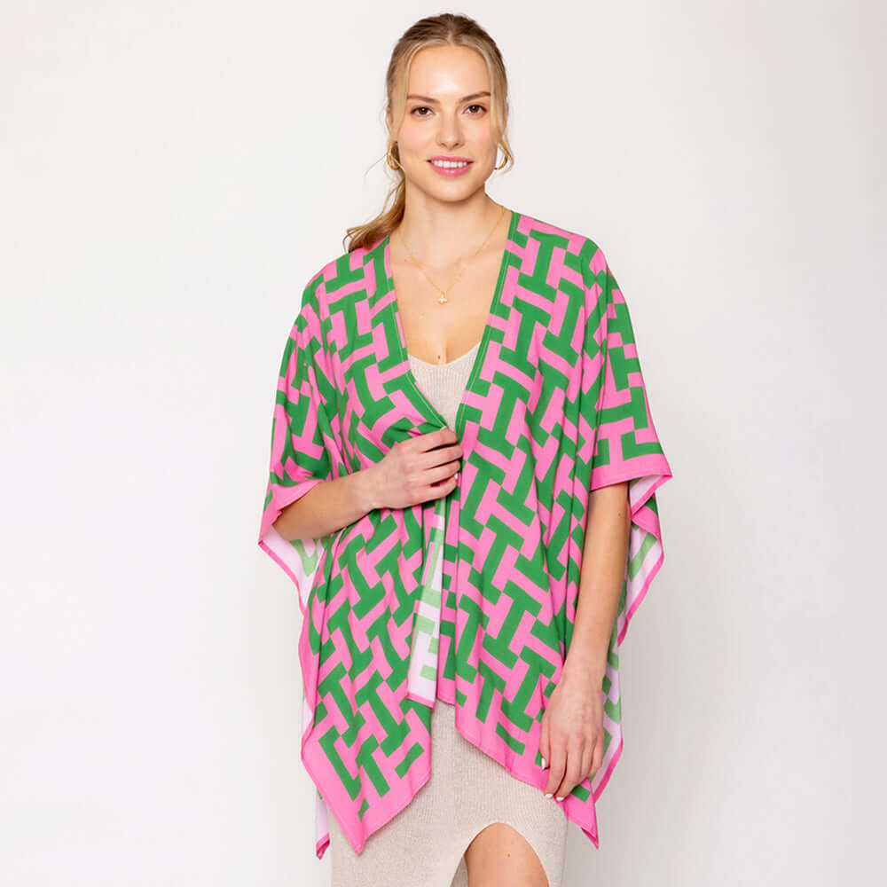 Pink and Green Geometric Ruana