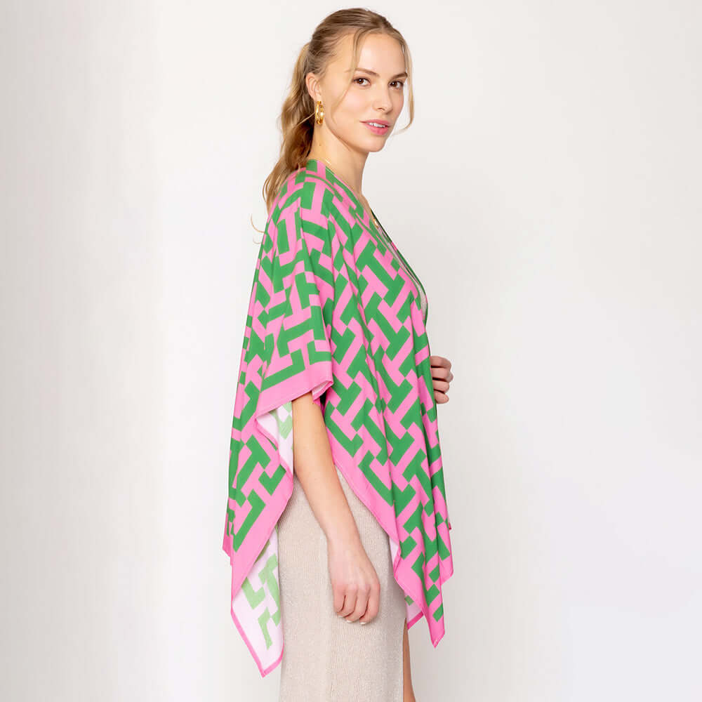Pink and Green Geometric Ruana