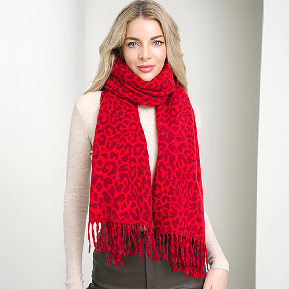 Red Leopard Pattern Fringe Winter Scarf