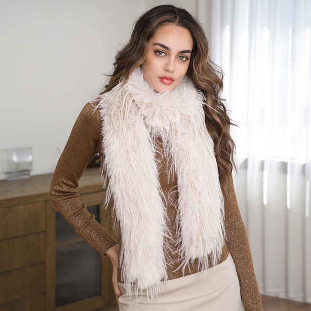 Beige Fluffy Faux Long Fur Long Wrap Scarf
