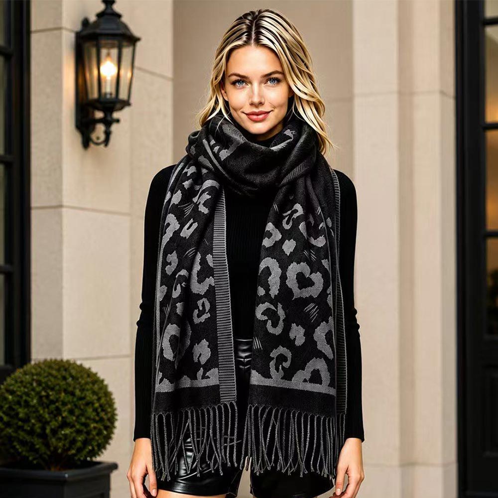 Leopard Pattern Black Fringe Scarf for Women M H W ACCESSORIES LLC Leopard Pattern Black Fringe Scarf for Women