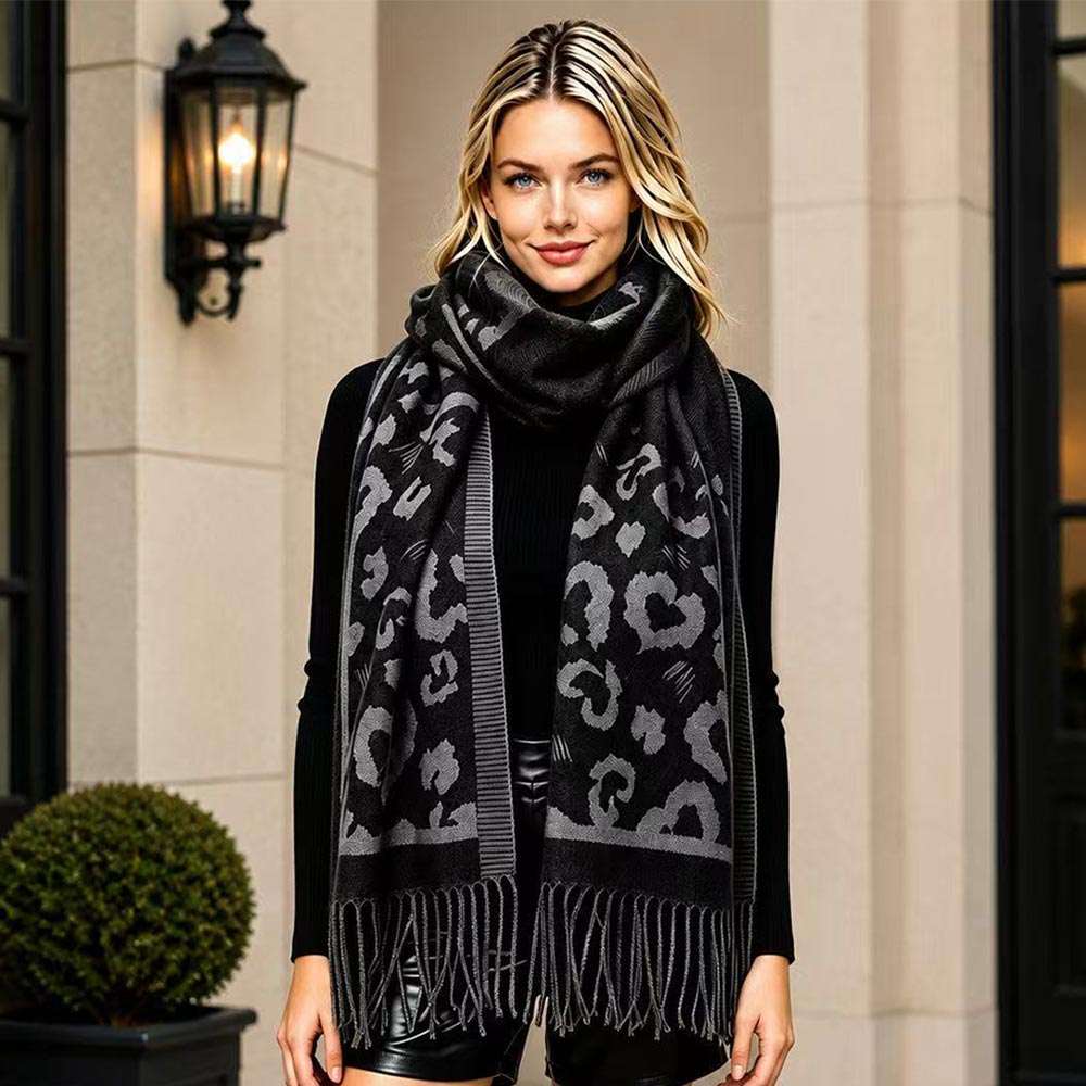 Leopard Pattern Black Fringe Scarf for Women M H W ACCESSORIES LLC Leopard Pattern Black Fringe Scarf for Women