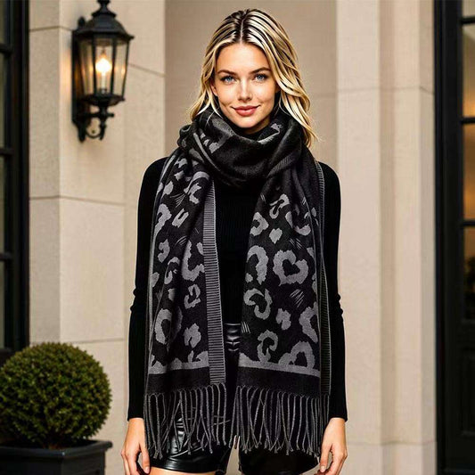 Leopard Pattern Black Fringe Scarf for Women M H W ACCESSORIES LLC Leopard Pattern Black Fringe Scarf for Women
