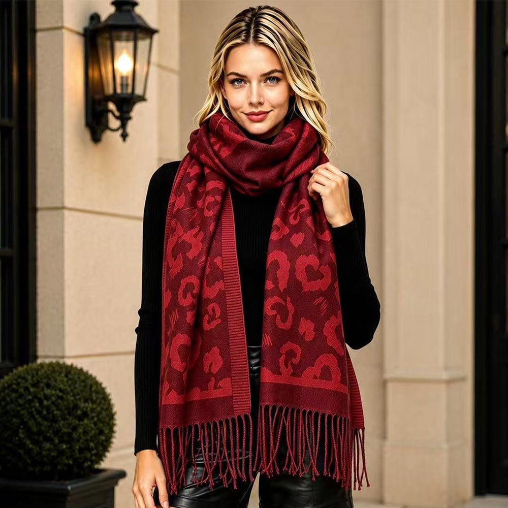 Leopard Burgundy Pattern Black Fringe Scarf for Women M H W ACCESSORIES LLC Leopard Burgundy Pattern Black Fringe Scarf for Women