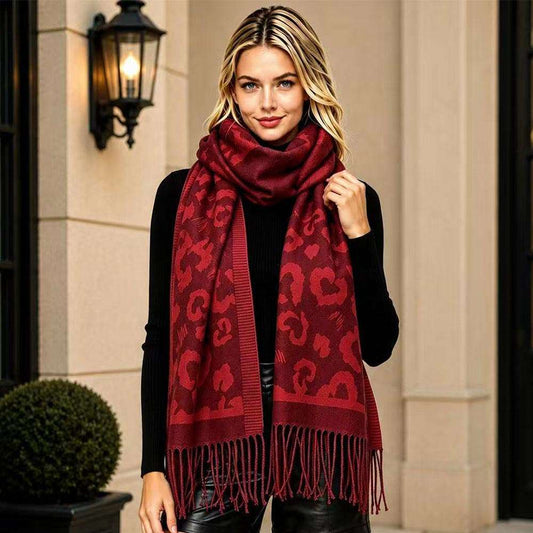 Leopard Burgundy Pattern Black Fringe Scarf for Women M H W ACCESSORIES LLC Leopard Burgundy Pattern Black Fringe Scarf for Women