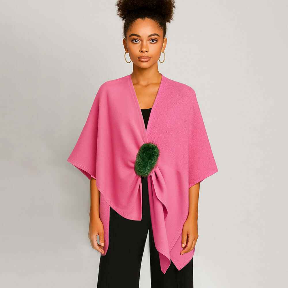 Pink and Green Fur Strap Trim Solid Knit Ruana Poncho