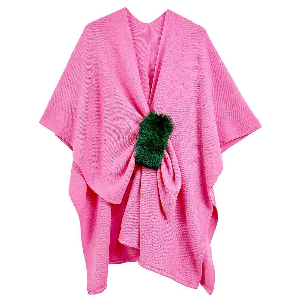 Pink and Green Fur Strap Trim Solid Knit Ruana Poncho