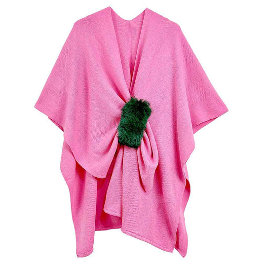 Pink and Green Fur Strap Trim Solid Knit Ruana Poncho