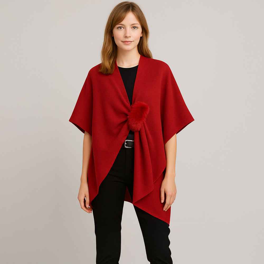Red  Fur Strap Trim Solid Knit Ruana Poncho