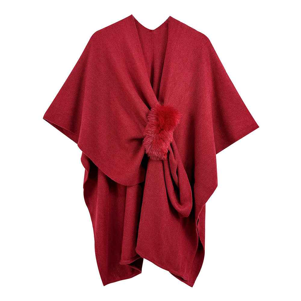 Red  Fur Strap Trim Solid Knit Ruana Poncho
