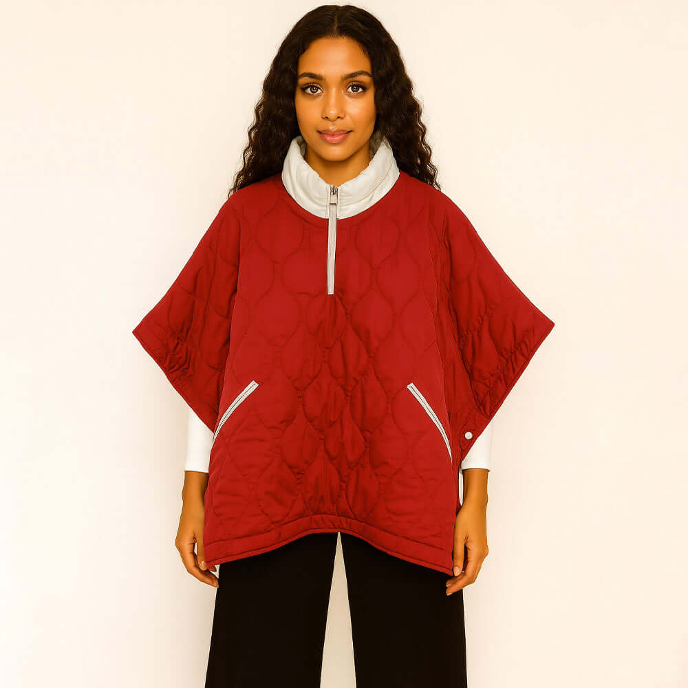 Red and White Pull Over Quilted Puffer Poncho