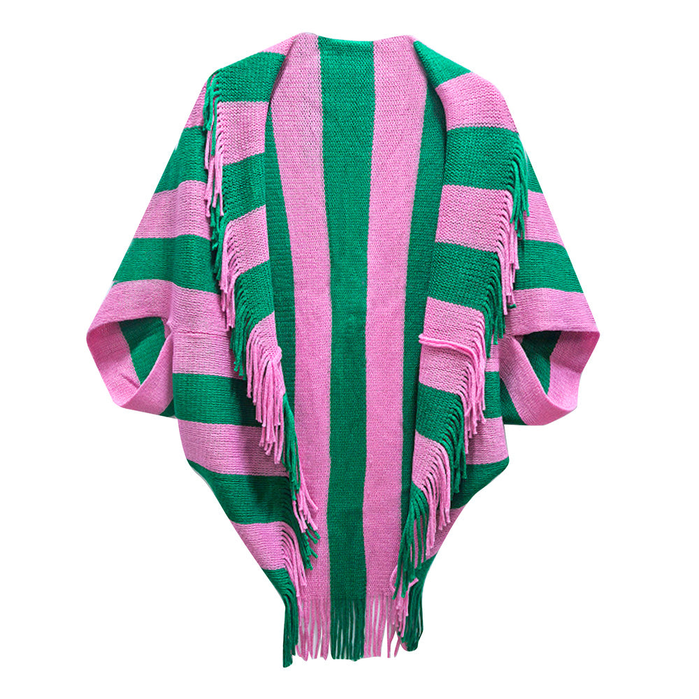 Pink and Green Open Front Striped Fringe Cocoon Shawl Wrap