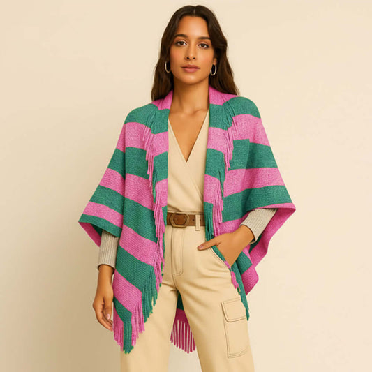 Pink and Green Open Front Striped Fringe Cocoon Shawl Wrap