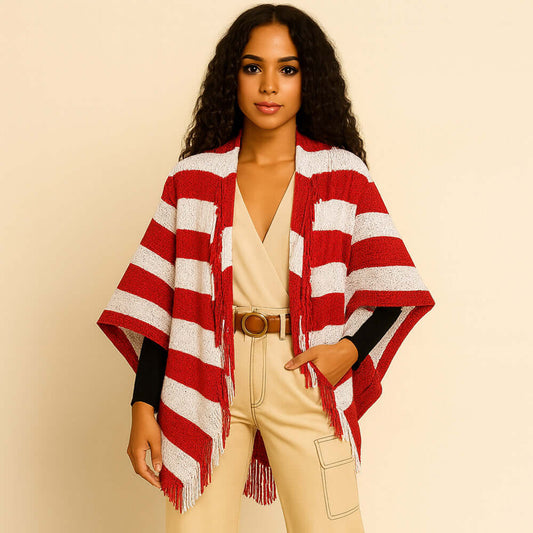 Red and White Open Front Striped Fringe Cocoon Shawl Wrap
