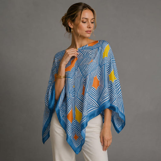 Blue Geometric Maze Print Scarf Poncho for Women M H W ACCESSORIES LLC Blue Geometric Maze Print Scarf Poncho for Women