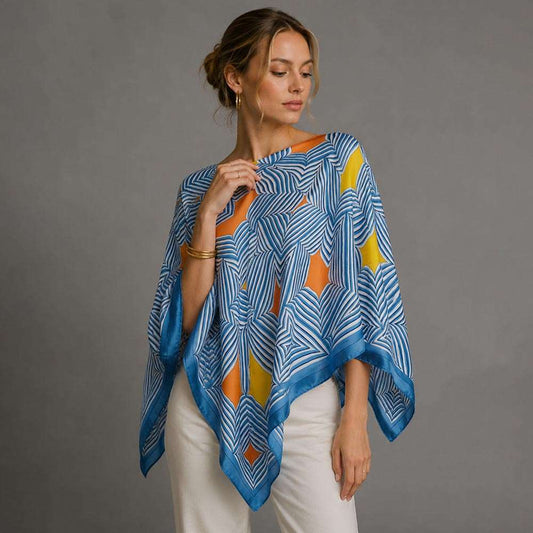 Blue Geometric Maze Print Scarf Poncho for Women M H W ACCESSORIES LLC Blue Geometric Maze Print Scarf Poncho for Women