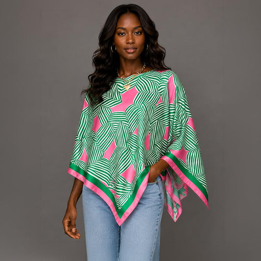 Pink & Green Geometric Maze Print Scarf Poncho for Women M H W ACCESSORIES LLC Pink & Green Geometric Maze Print Scarf Poncho for Women