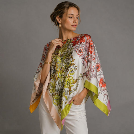 Green  Cross Flower Print Scarf Poncho for Women M H W ACCESSORIES LLC Green  Cross Flower Print Scarf Poncho for Women