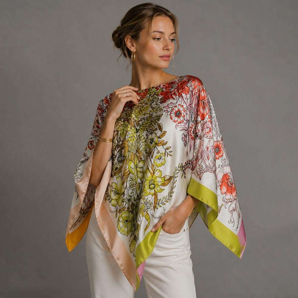 Green  Cross Flower Print Scarf Poncho for Women M H W ACCESSORIES LLC Green  Cross Flower Print Scarf Poncho for Women