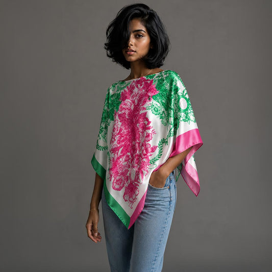 Pink & Green  Cross Flower Print Scarf Poncho M H W ACCESSORIES LLC Pink & Green  Cross Flower Print Scarf Poncho