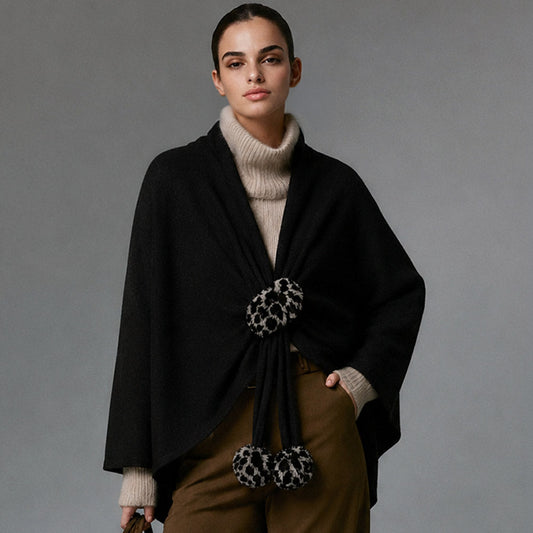 Leopard Black Faux Fur Pom Pom Accent Draped Ruana Wrap Poncho M H W ACCESSORIES LLC Leopard Black Faux Fur Pom Pom Accent Draped Ruana Wrap Poncho