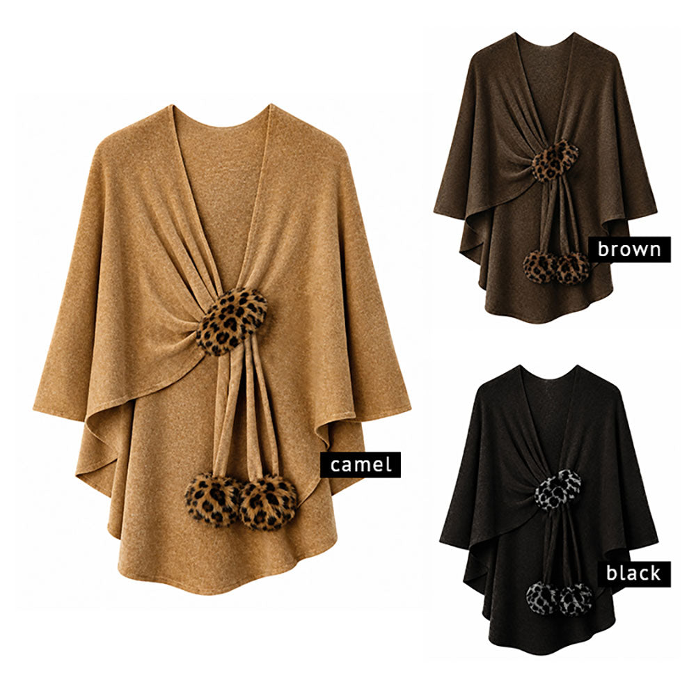 Leopard Black Faux Fur Pom Pom Accent Draped Ruana Wrap Poncho M H W ACCESSORIES LLC Leopard Black Faux Fur Pom Pom Accent Draped Ruana Wrap Poncho