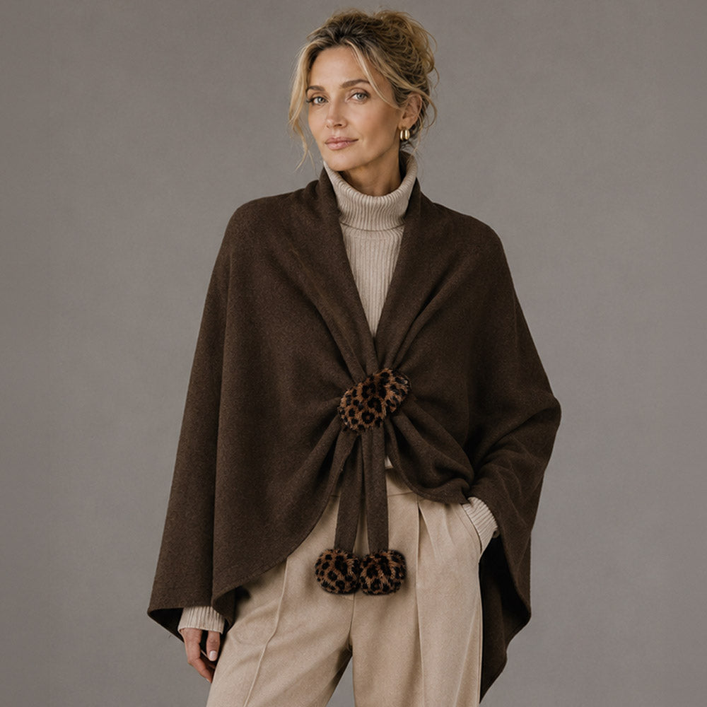 Brown Fall Winter Leopard Faux Fur Pom Pom Accent Draped Ruana Wrap M H W ACCESSORIES LLC Brown Fall Winter Leopard Faux Fur Pom Pom Accent Draped Ruana Wrap