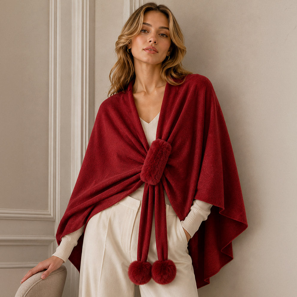 Red Fall Winter Leopard Faux Fur Pom Pom Accent Draped Ruana Wrap M H W ACCESSORIES LLC Red Fall Winter Leopard Faux Fur Pom Pom Accent Draped Ruana Wrap