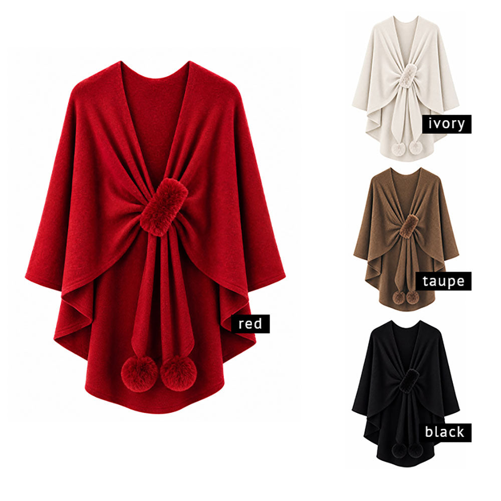 Taupe Faux Fur Pom Pom Accent Draped Ruana Wrap Poncho M H W ACCESSORIES LLC Taupe Faux Fur Pom Pom Accent Draped Ruana Wrap Poncho