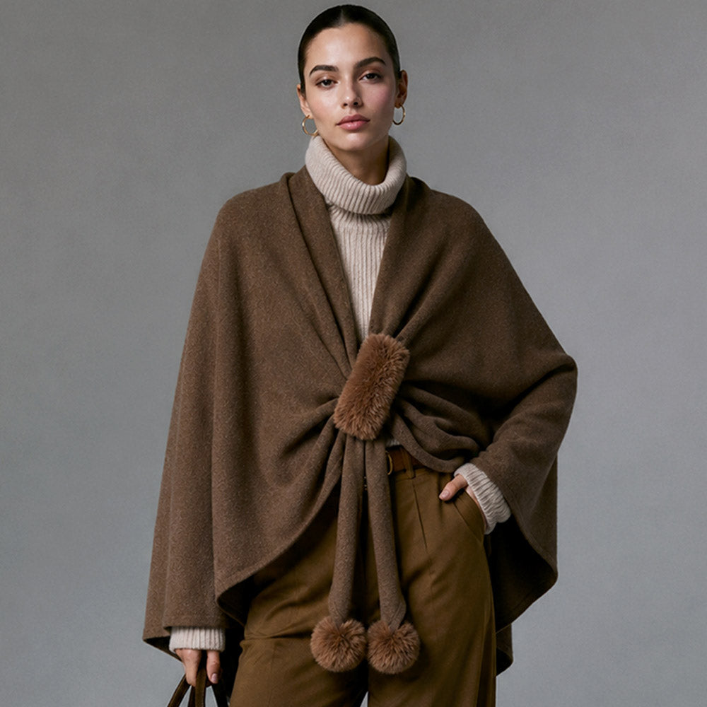 Taupe Faux Fur Pom Pom Accent Draped Ruana Wrap Poncho M H W ACCESSORIES LLC Taupe Faux Fur Pom Pom Accent Draped Ruana Wrap Poncho