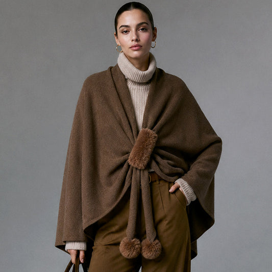 Taupe Faux Fur Pom Pom Accent Draped Ruana Wrap Poncho M H W ACCESSORIES LLC Taupe Faux Fur Pom Pom Accent Draped Ruana Wrap Poncho