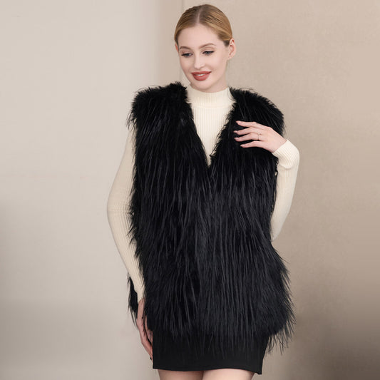 Black  Solid Faux Fur Vest