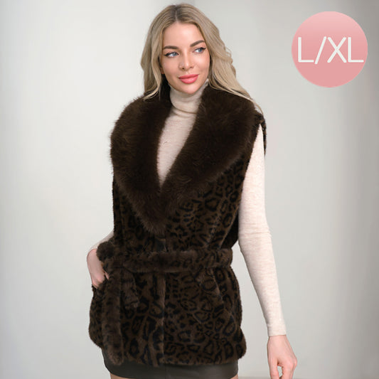 Animal Print Faux Fur Wide Collar Belted Vest-Large/ X-Large