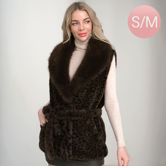 Animal Print Faux Fur Wide Collar Belted Vest-Small Medium