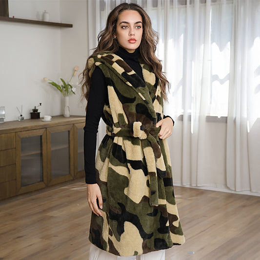Olive Green Sleeveless Faux Fur Camo Pattern Belted Waist Long Vest