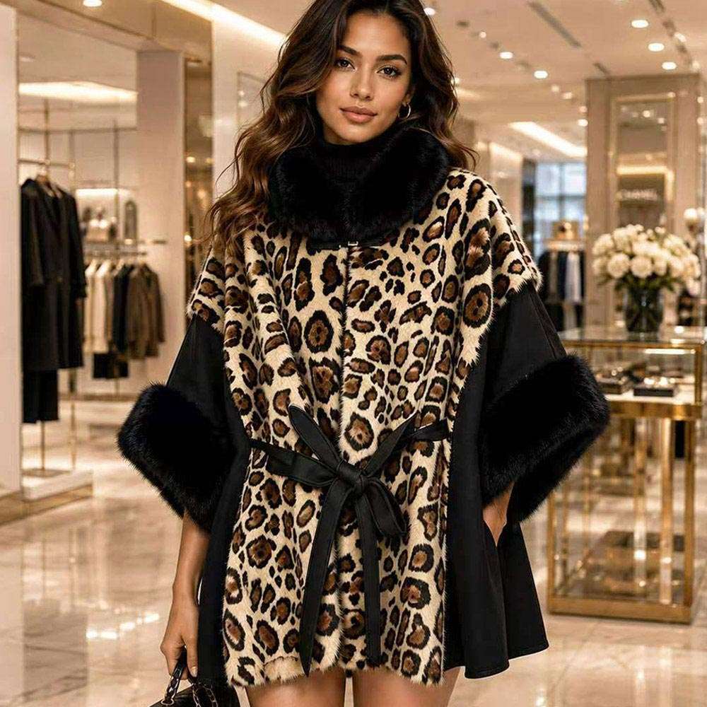 Faux Fur Animal Print Cape Poncho M H W ACCESSORIES LLC Faux Fur Animal Print Cape Poncho