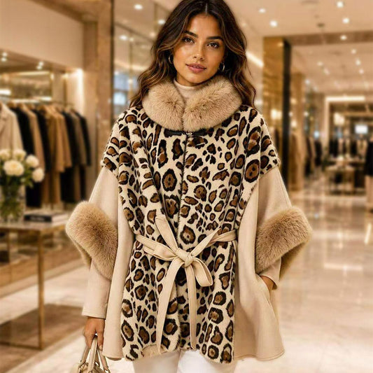 Plush Faux Fur Trim Leopard Khaki & Black Print Belted Winter Poncho M H W ACCESSORIES LLC Plush Faux Fur Trim Leopard Khaki & Black Print Belted Winter Poncho