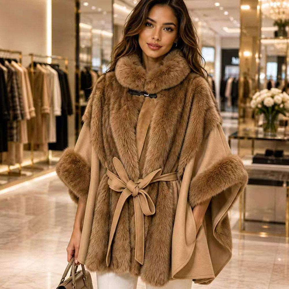Plush Beige Faux Fur Trim Belted Winter Poncho Cape M H W ACCESSORIES LLC Plush Beige Faux Fur Trim Belted Winter Poncho Cape