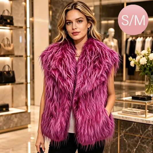 Shaggy Plush Faux Fur Open Hot Pink Front Front Collar Winter Vest M H W ACCESSORIES LLC Shaggy Plush Faux Fur Open Hot Pink Front Front Collar Winter Vest