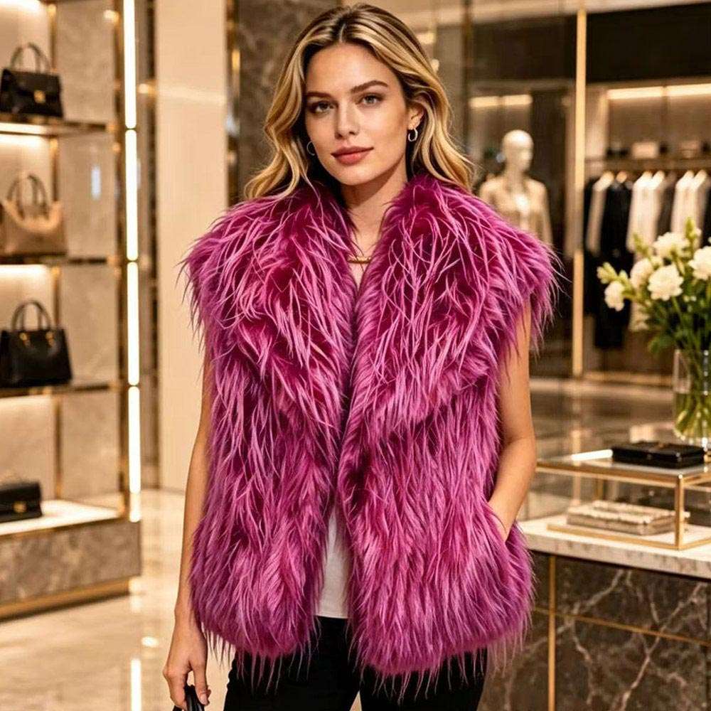Shaggy Plush Faux Fur Open Hot Pink Front Front Collar Winter Vest M H W ACCESSORIES LLC Shaggy Plush Faux Fur Open Hot Pink Front Front Collar Winter Vest