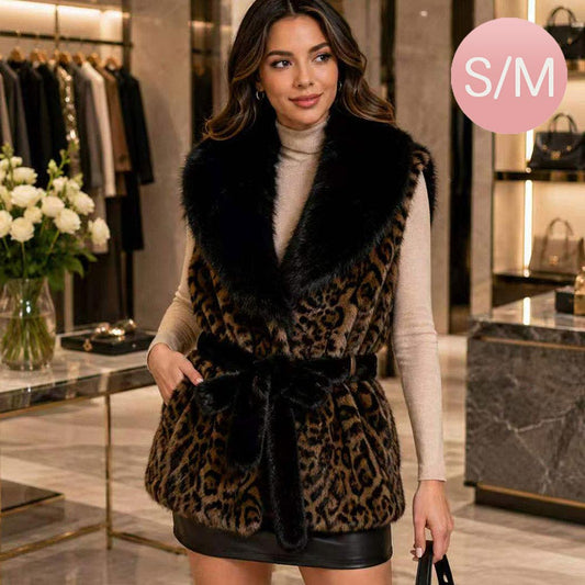 Leopard Print Plush Faux Fur Trim Belted Winter Vest-Small/Medium M H W ACCESSORIES LLC Leopard Print Plush Faux Fur Trim Belted Winter Vest-Small/Medium