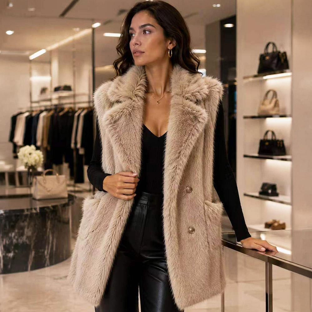 Khaki Plush Faux Fur Open Front Pocket Long Vest M H W ACCESSORIES LLC Khaki Plush Faux Fur Open Front Pocket Long Vest