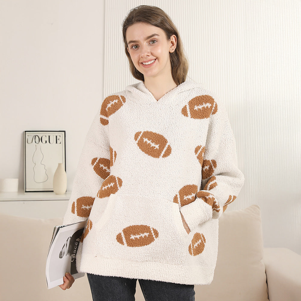 Brown Cozy Football Hooded Sweater with Pocket M H W ACCESSORIES LLC Brown Cozy Football Hooded Sweater with Pocket