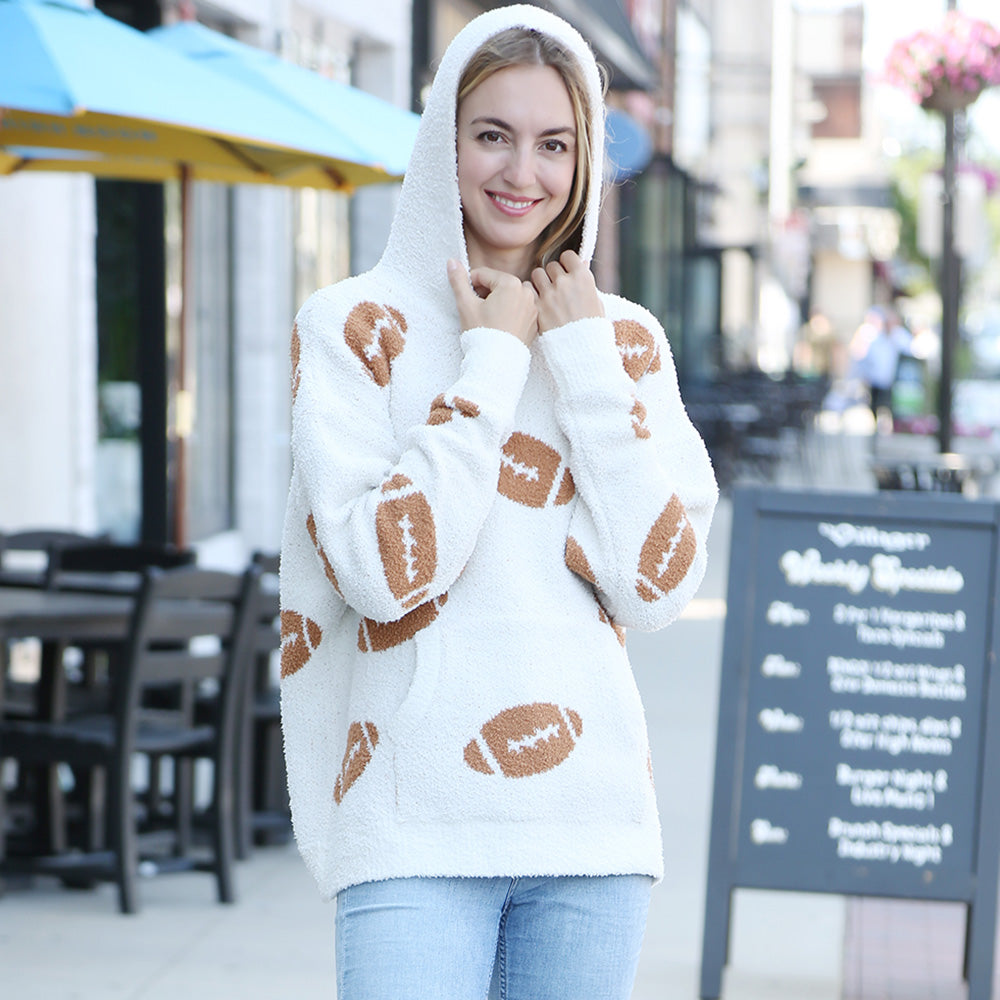 Brown Cozy Football Hooded Sweater with Pocket M H W ACCESSORIES LLC Brown Cozy Football Hooded Sweater with Pocket