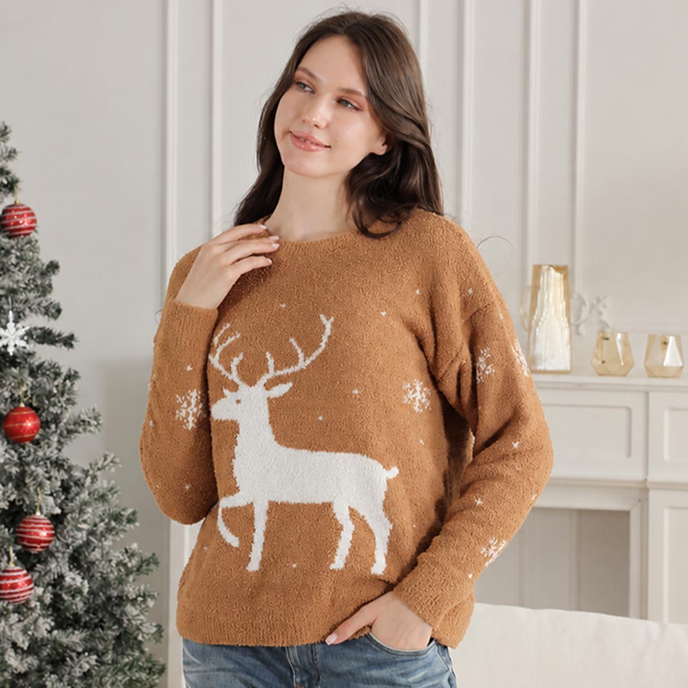 Brown Warm and Cozy Microfiber Plush Deer Print Holiday Sweater M H W ACCESSORIES LLC Brown Warm and Cozy Microfiber Plush Deer Print Holiday Sweater
