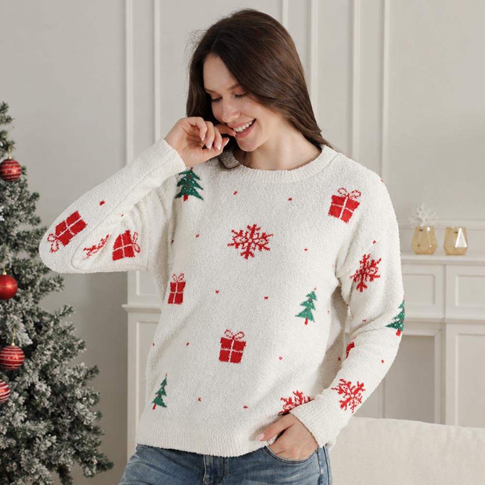 Red & White Sweet and Joyful Christmas Gift Snowflake Pattern Microfiber Plush Holiday Sweater M H W ACCESSORIES LLC Red & White Sweet and Joyful Christmas Gift Snowflake Pattern Microfiber Plush Holiday Sweater