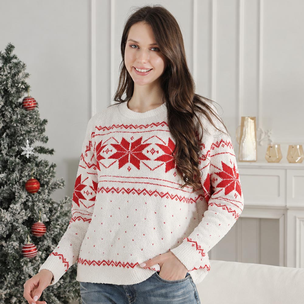 Red & White  Classic and Festive Microfiber Plush Snowflake Print Holiday Sweater M H W ACCESSORIES LLC Red & White  Classic and Festive Microfiber Plush Snowflake Print Holiday Sweater